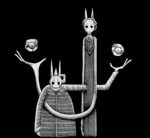Pen and ink drawing of a pair of characters with huge elongated arms. Black background. Two elongated, abstract figures with cat-like ears stand closely, juggling spiral objects. The scene is monochrome with an eerie, surreal tone.