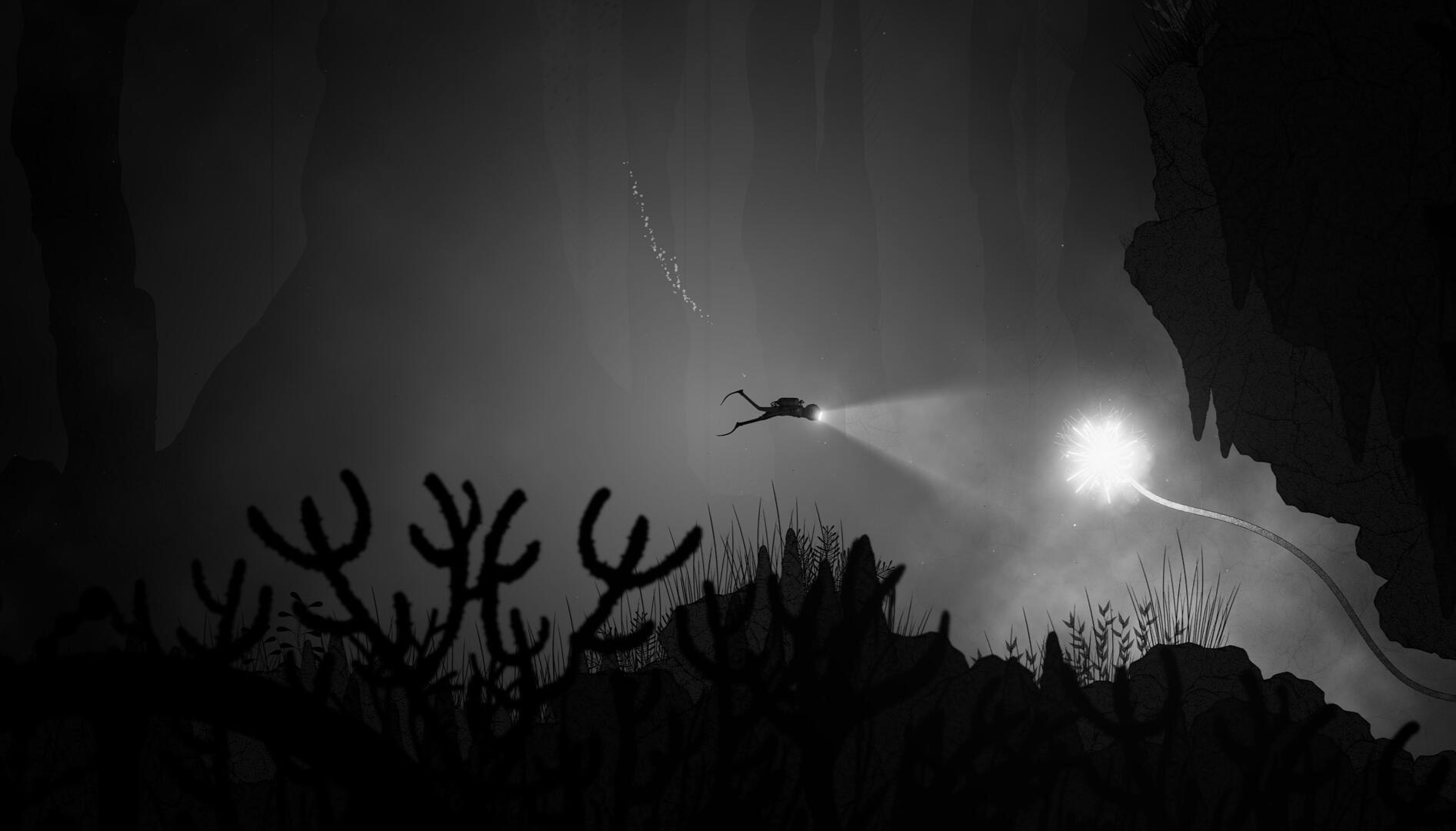 A diver swims in a dark, underwater cavern illuminated by a headlamp. Silhouetted plants in the foreground and a glowing orb add mystery and depth.