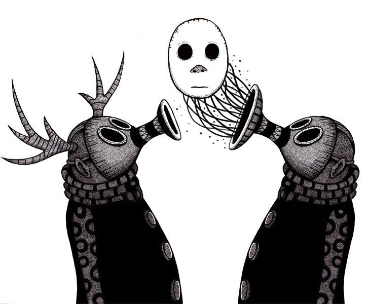 Two abstract figures in gas masks face each other, with one wearing antlers. A ghostly face floats between them, creating a surreal, mysterious tone.