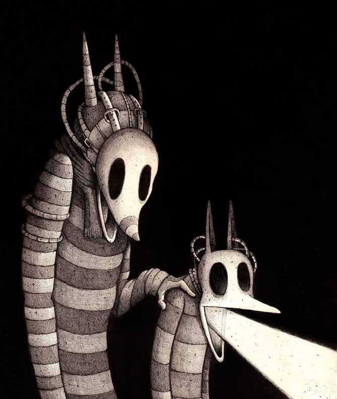 Two surreal, striped creatures with horn-like protrusions and hollow eyes. One emits a beam of light from its mouth, creating a mysterious and eerie atmosphere.