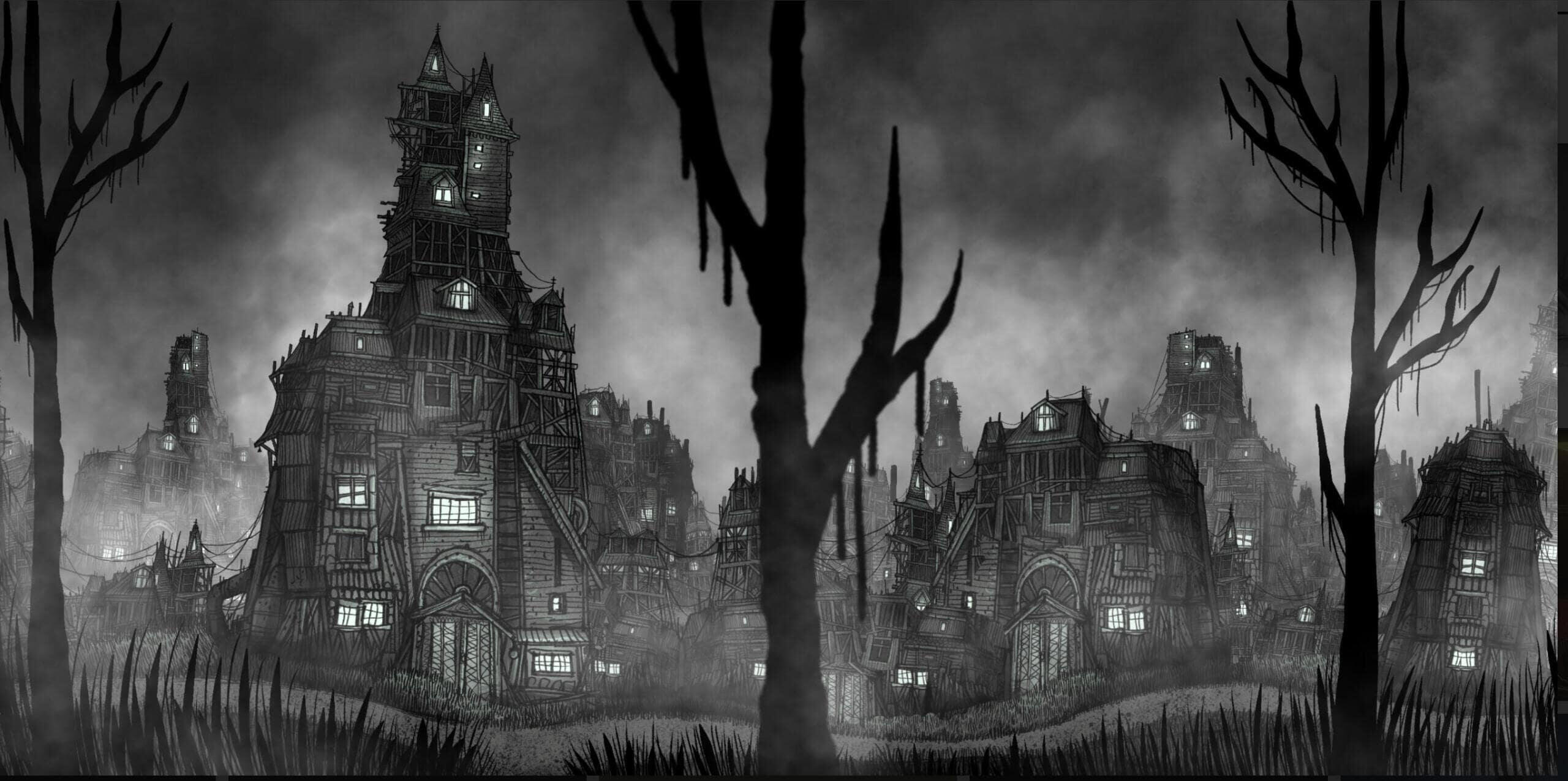 Dark, foggy cityscape featuring towering, dilapidated buildings with glowing windows. Barren trees and misty atmosphere create an eerie, mysterious tone.
