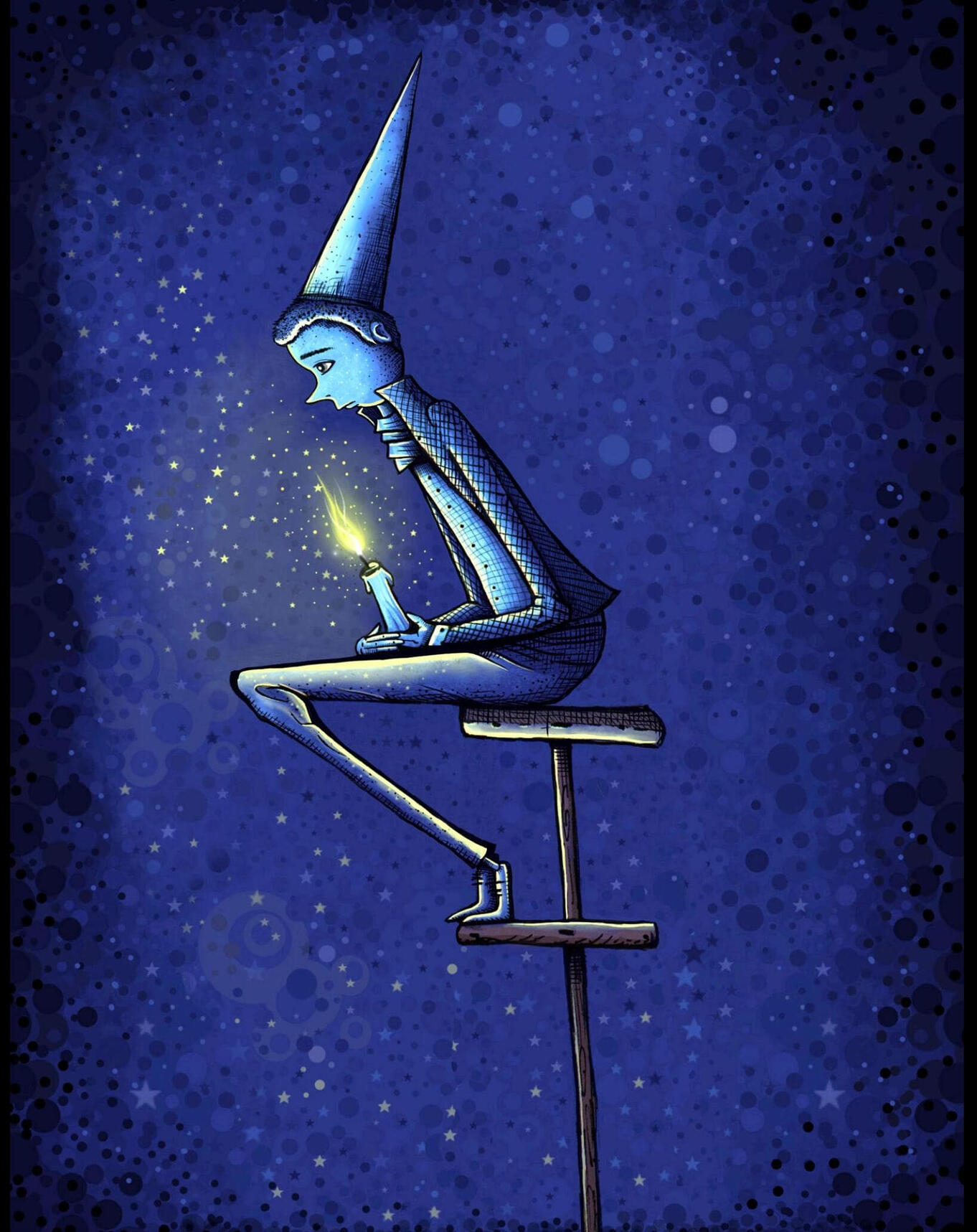 Pointy-hatted boy perched on a stool floating in a deep blue void, holding glowing stars in a whimsical surreal gesture.