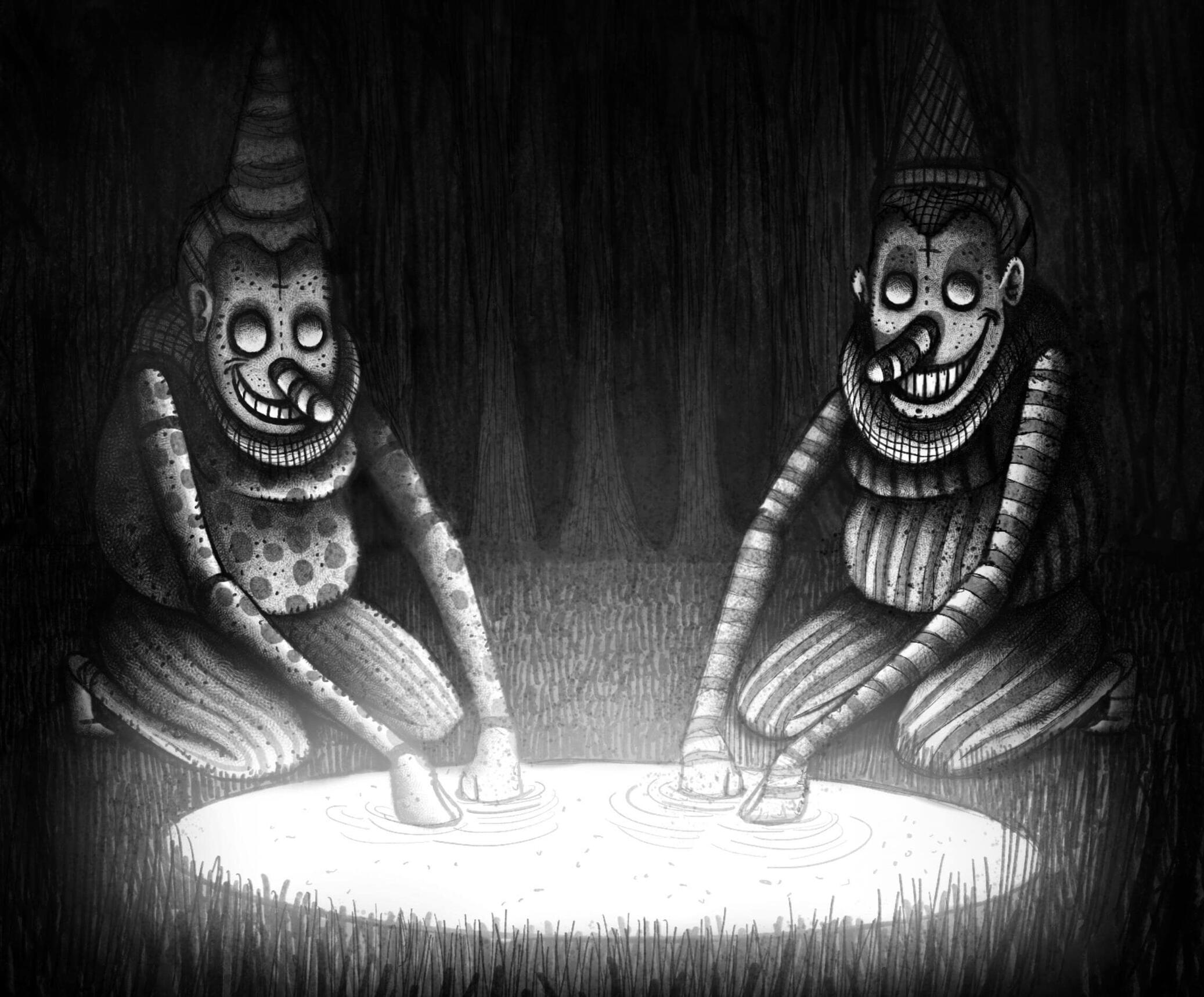 Creepy clowns with exaggerated grins and stripped outfits crouch around a glowing puddle in a dark forest, creating an eerie, unsettling atmosphere.