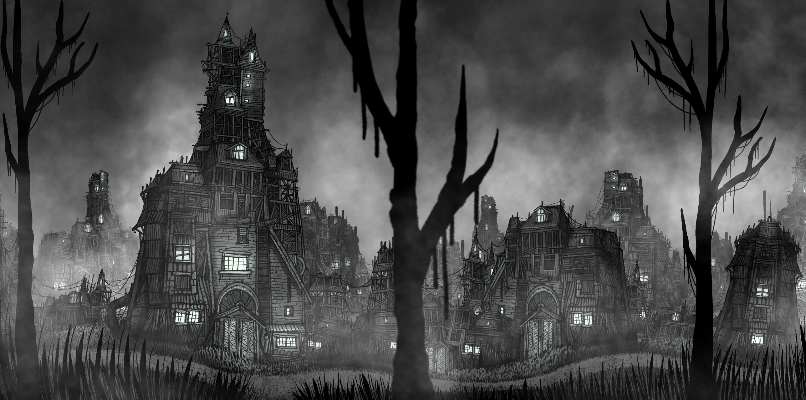 Dark, foggy cityscape featuring towering, dilapidated buildings with glowing windows. Barren trees and misty atmosphere create an eerie, mysterious tone.