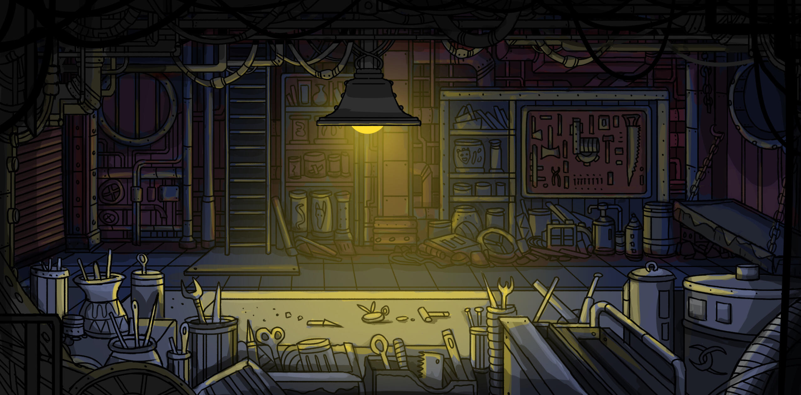 Dark industrial machine workshop with heavy machinery and a large light in centre, filled with pipes and hidden details in ink and digital layers. Steampunk and cold and dirty.