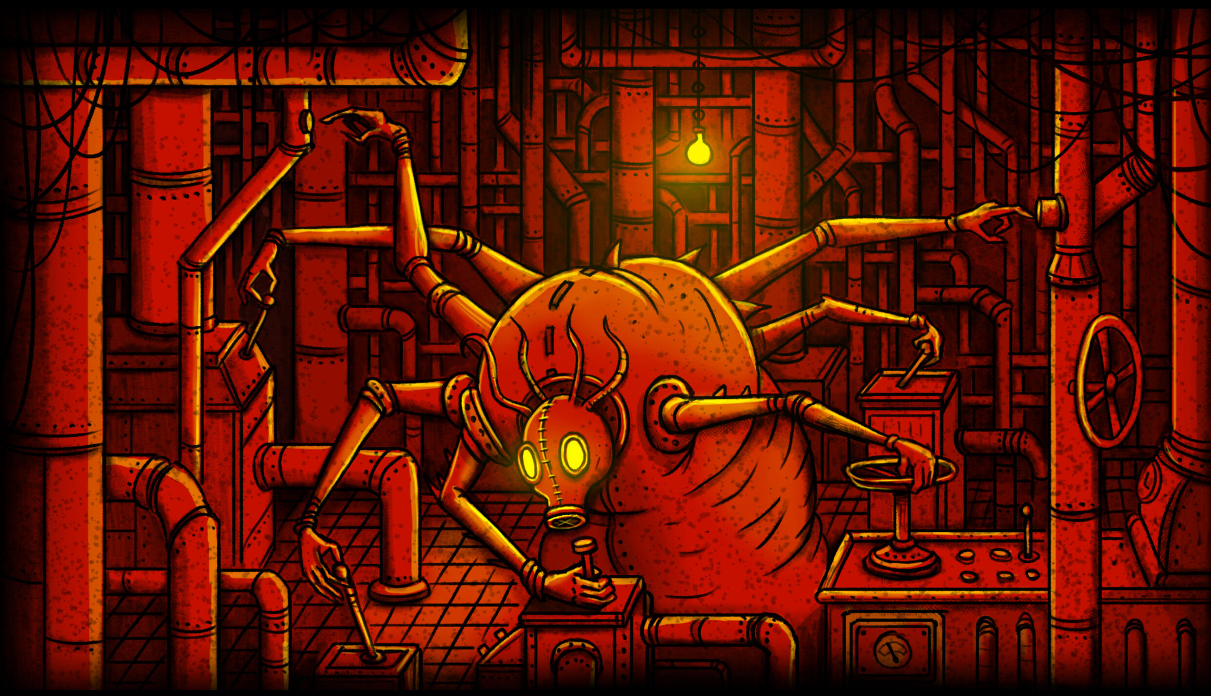 Bright red mechanical spider in a dystopian laboratory, lit with orange industrial tones, rendered in detailed 2D illustration