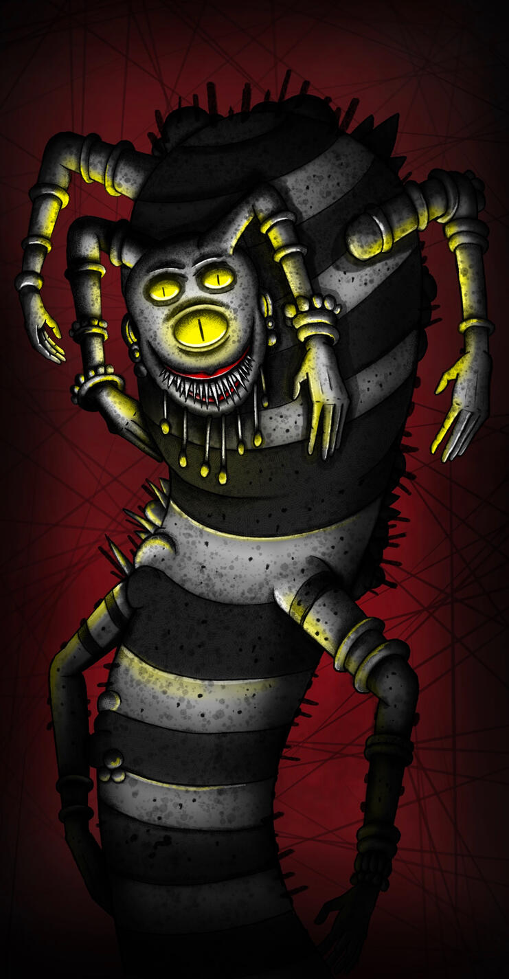 Creepy, grinning surreal creature with glowing yellow eyes emerging from darkness, outlined in heavy ink and red glow. Macabre character design of a grinning, wide-eyed creature with multiple limbs emerging from below. Rendered in greys and reds, it captur