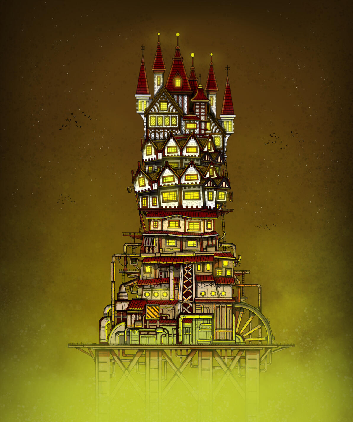 Surreal hand-drawn tower of mismatched buildings stacked vertically, with an eerie glow, combining traditional ink detail and digital colour.