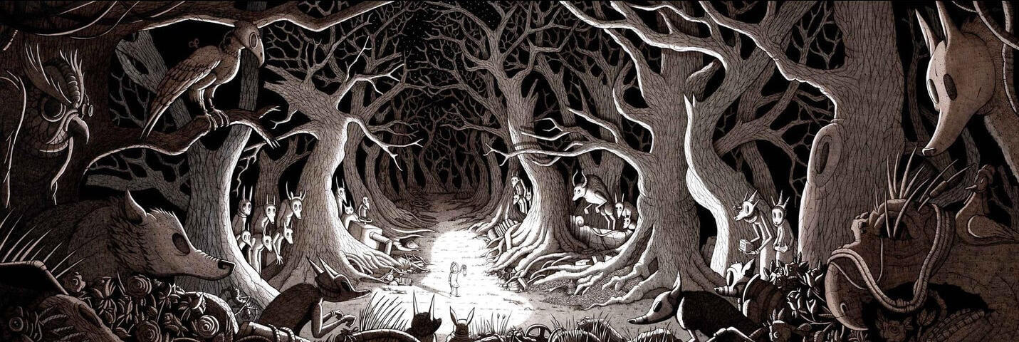 A dark woodland scene illuminated by a little girl holding a lamp in the middle of the scene. She seems scared with a group of woodland monsters surrounding her watching her come deeper into the forest.