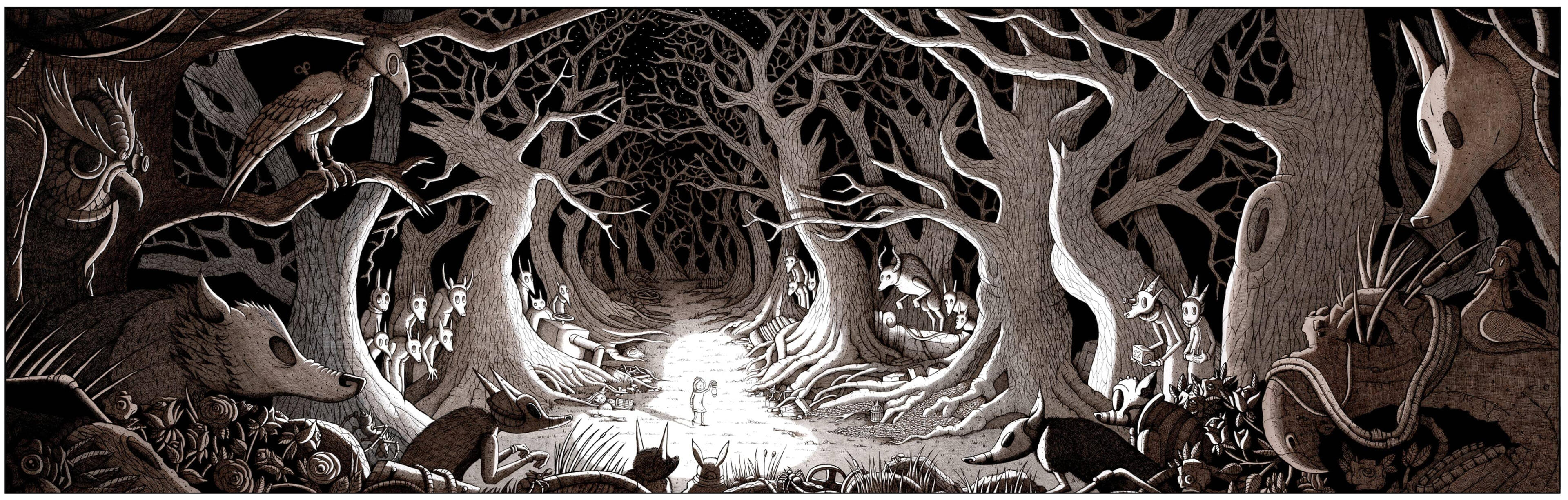 A dark woodland scene illuminated by a little girl holding a lamp in the middle of the scene. She seems scared with a group of woodland monsters surrounding her watching her come deeper into the forest.