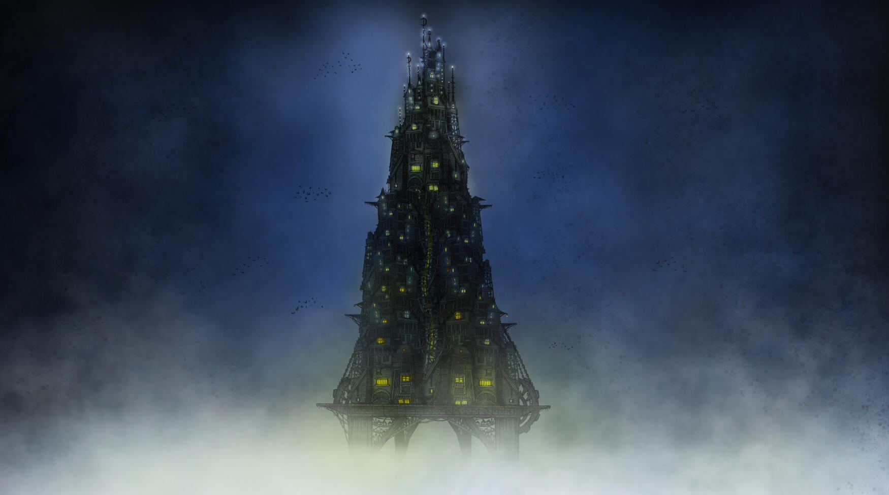 Tall, dark tower with glowing windows stands alone, enveloped in mist and surrounded by a swirling, cloudy night sky, conveying mystery and isolation.