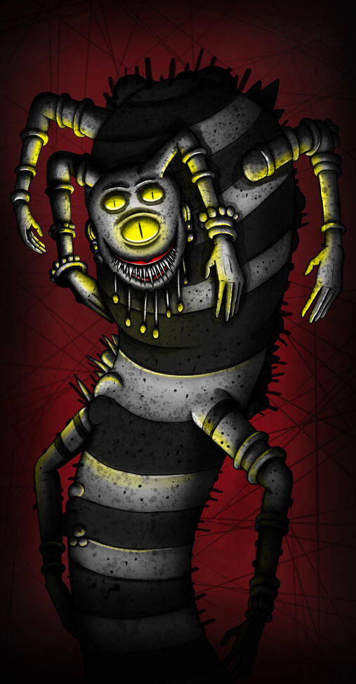 Creepy, grinning surreal creature with glowing yellow eyes emerging from darkness, outlined in heavy ink and red glow. Macabre character design of a grinning, wide-eyed creature with multiple limbs emerging from below. Rendered in greys and reds, it captur